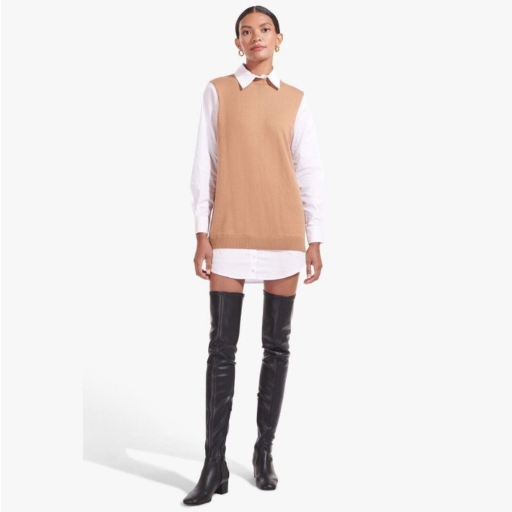 Staud Fern Detachable Collar Long Sleeve Mixed Media Tan Sweater Dress